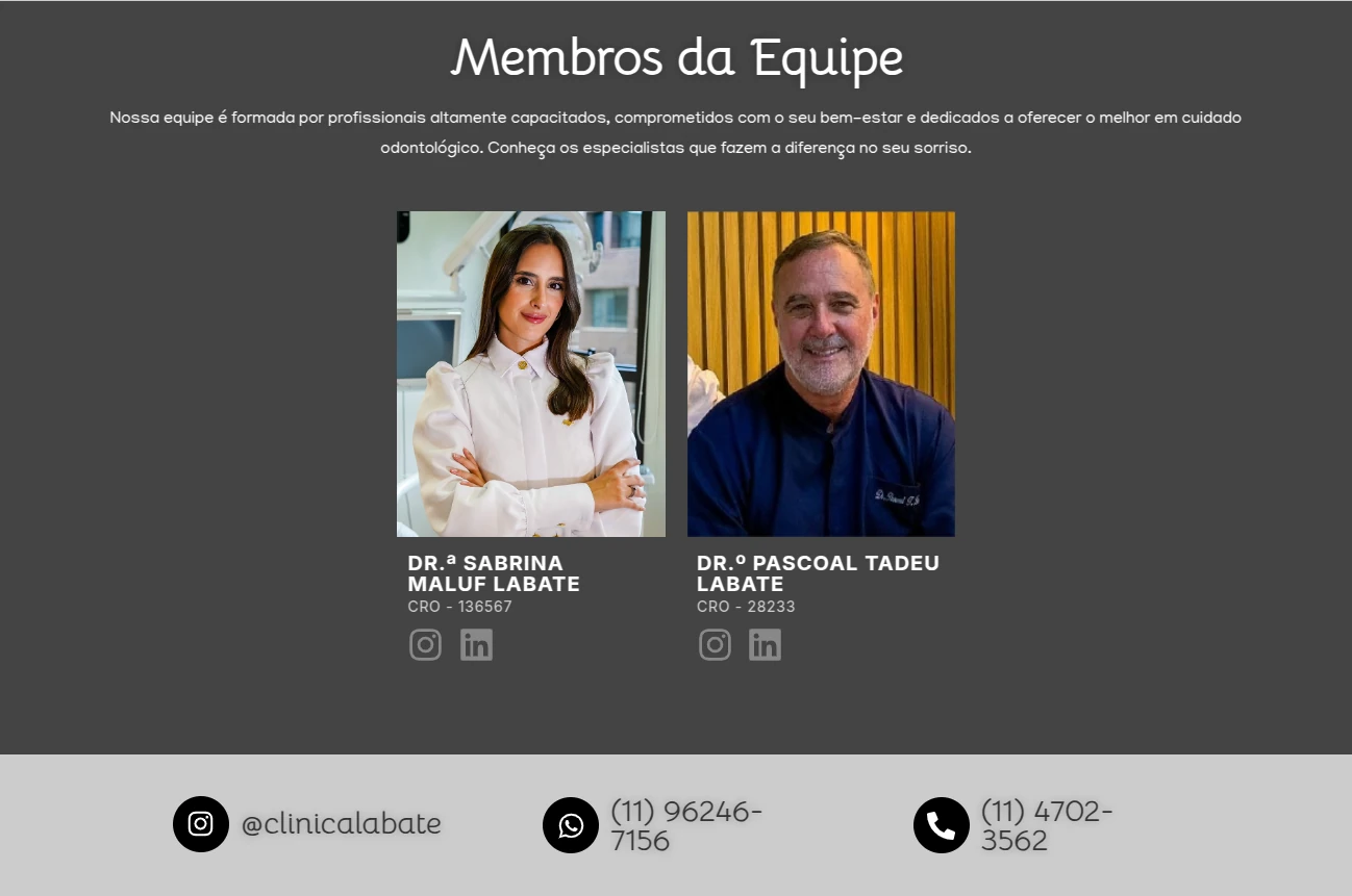 Seção de membros da equipe no site Clínica Labate