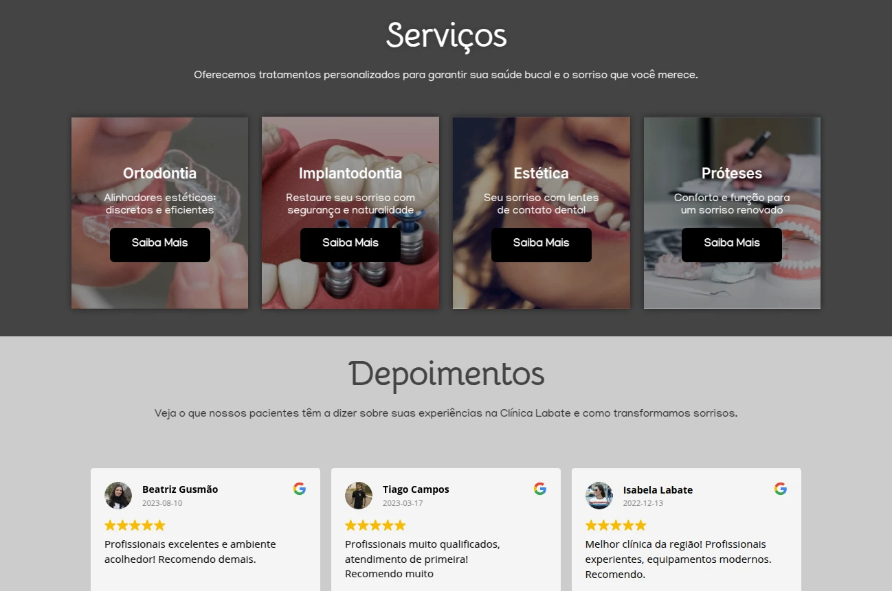 Seção de serviços e depoimentos do site Clínica Labate