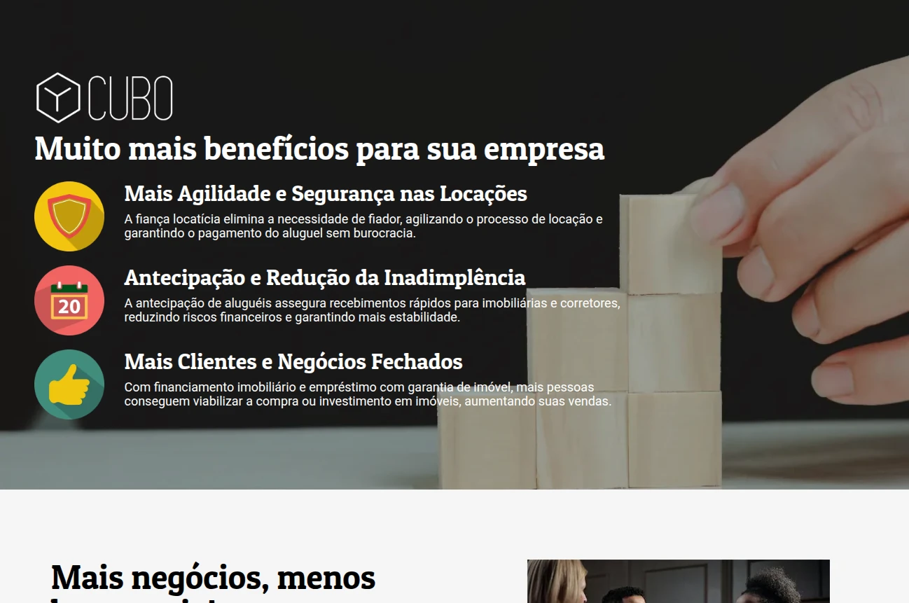 Seção de vantagens para imobiliárias no projeto da Cubo